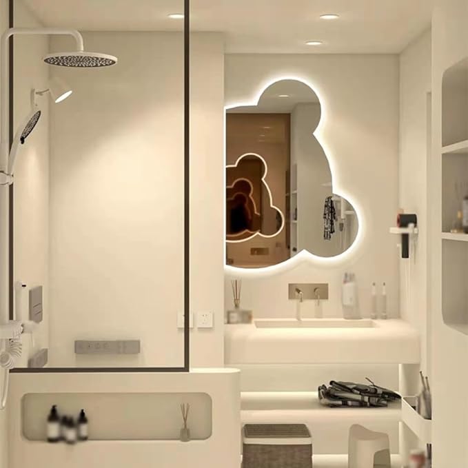 LTSRLL LED Vanity Mirror Cute Bear Decorative Mirror for Bathroom & Dressing Tabler Backlight Wall Mirror with 3 Color Dimmable Light Demister Pad Human Body Sensor Switch(Cut Right,60cmx75cm)