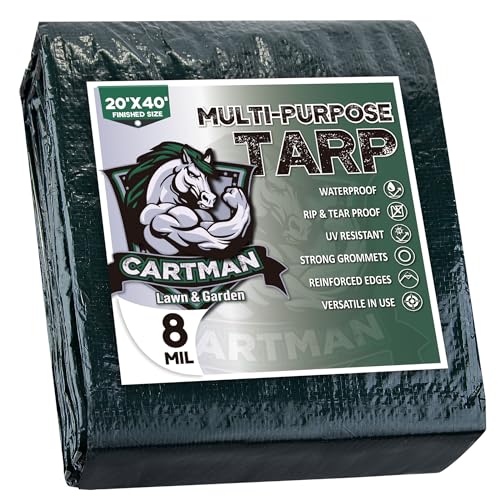 CARTMAN Finished Size 20x40 Feet Waterproof Green Tarp 8 Mil Thick, Multipurpose Protective Cover for Emergency Rain Shelter Camping Tarpaulin - size: 20'×40'