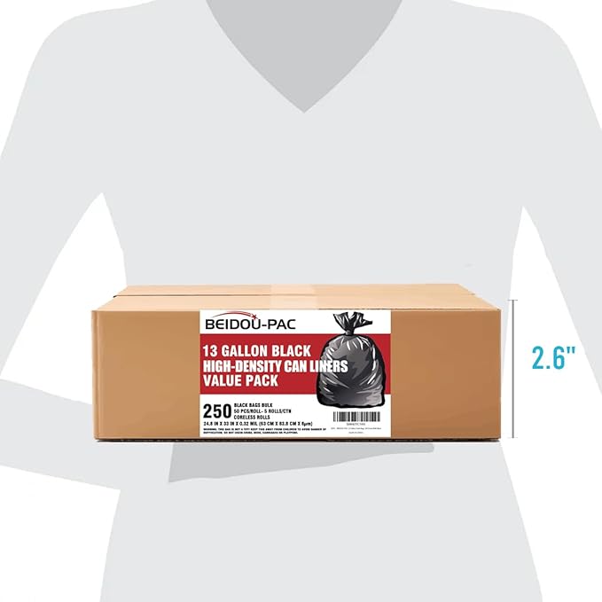 13 Gallon Trash Bags, 250 Count Black Tall Kitchen Garbage bags, Multi-purpose Trash Can Bin Liners for Bathroom, Office, Industrial, Commercial, Janitorial, Municipal, Recycling