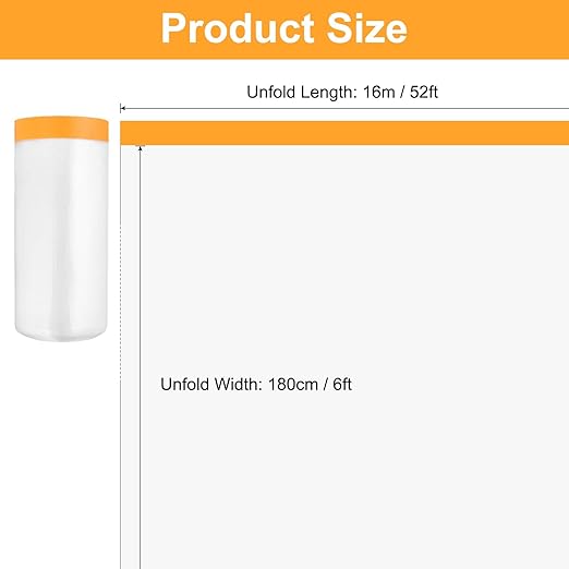 uxcell 3 Rolls Painters Plastic with Tape, 6 x 52 Ft Pre-Taped Masking Film Tape and Plastic Film Paint Plastic Covering Roll for Covering Skirting, Frames and Auto Body, Yellow/Clear