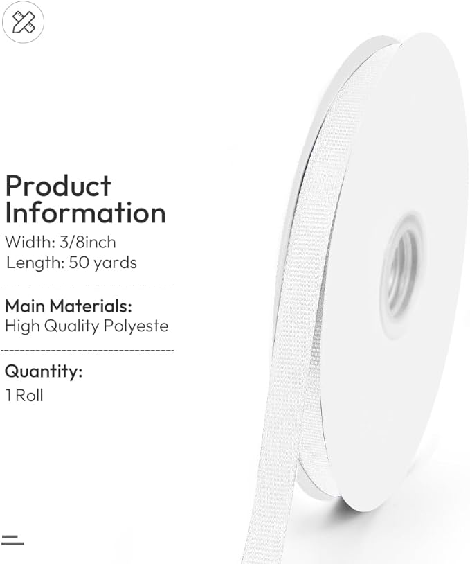 3/8" X 50 Yards White Grosgrain Ribbon, Premium Grosgrain Ribbon for Sewing, Gift Wrapping, Bow Making, Wedding Decor, Wrapping and More (White)