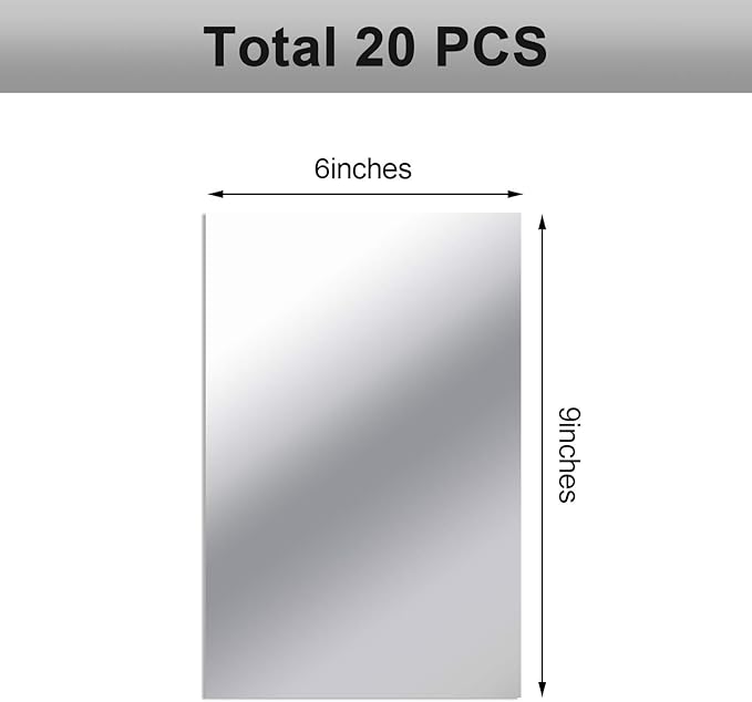 BBTO 20 Pcs Mirror Sheets, 6''x 9'' Self Adhesive Non Glass Cut to Size Mirror Stickers Tiles, Safe Unbreakable Plastic Small Frameless for Classroom, Childroom & DIY Craft