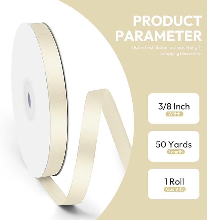 3/8" x 50 Yards Satin Ribbon - Ivory Silk Ribbon with Spool - Ideal for Gift Wrapping, Floral Bouquets, Crafts, Wedding Party Decorations, Christmas and Sewing Projects