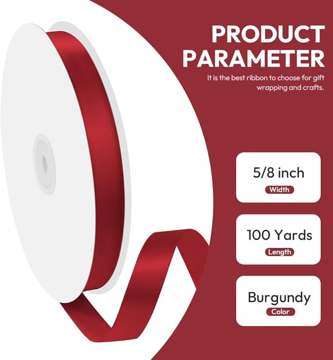 5/8" x 100 Yards Satin Ribbon - Scarlet Silk Ribbon with Spool - Ideal for Gift Wrapping, Floral Bouquets, Crafts, Wedding Party Decorations, Christmas and Sewing Projects