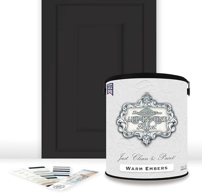 ALL-IN-ONE Paint, Durable cabinet and furniture paint. Built in primer and top coat, no sanding needed. Includes our 30 featured color card - Warm Embers (warm black), Gallon