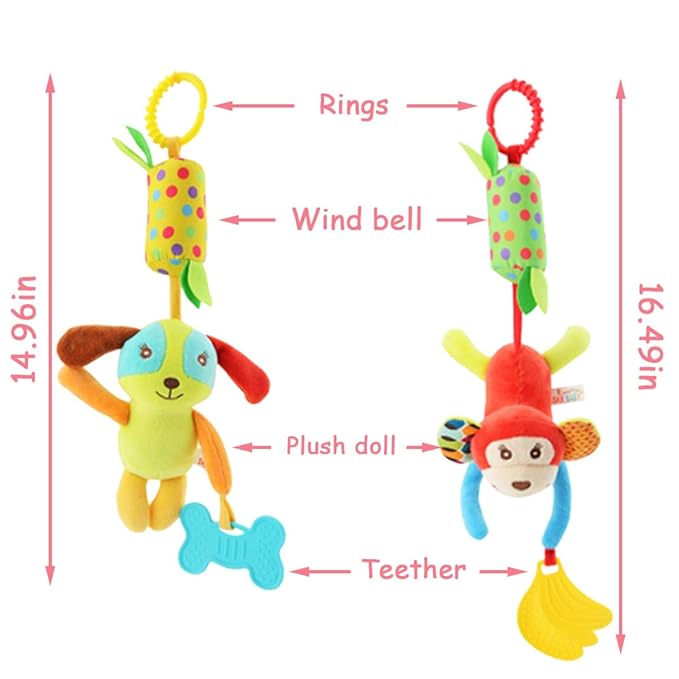 4 PCS Baby Soft Hanging Rattle Crinkle Squeaky Toy - Baby Toys for 0 3 6 9 to 1 Animal Ring Plush Stroller Infant Car Bed Crib Travel Activity Hanging Wind Chime with Teether for Boys Present