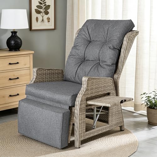 Outdoor Recliner with Adjustable Back and Footrest, Patio 150 Lay Flat Recliner with Flip Table Wicker Reclining Lounge Chair, Grey with Beige Wicker 2PCS - color: Grey With Beige Wicker, size: 2PCS