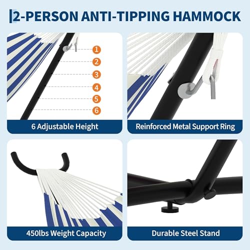 TrailBlaze Double Hammock with Steel Stand - 2 Person Outdoor & Indoor Space-Saving Patio Hammock - Heavy-Duty, 450 lbs Capacity, Easy Setup for Backyard, Garden, Camping - Blue and White Stripes - color: Blue White Stripes