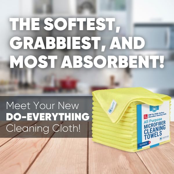 MW Pro Microfiber Cleaning Cloth | Yellow (12 Pack) | Size 16" x 16" | All Purpose Microfiber Towels - Clean, Dust, Polish, Scrub, Absorbent
