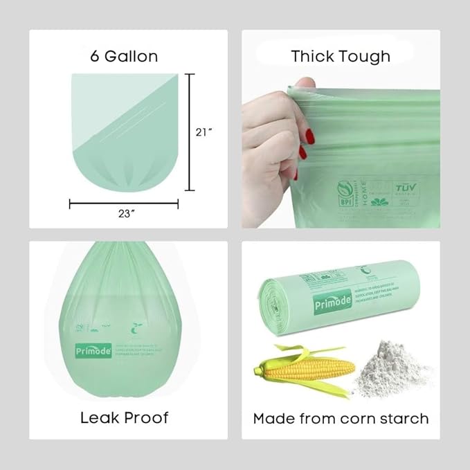 Primode Compostable Bags, 6 Gallon Food Scraps Yard Waste Bags, 100 Count, Extra Thick 0.87 Mil. ASTMD6400 Compost Bags Small Kitchen Trash Bags, Certified By BPI And TÜV AUSTRIA,