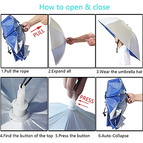 Umbrella Hat, 37 inch Fishing Umbrella Hat Hands Free Foldable UV Protection Umbrella Cap Adjustable Headwear for Fishing Golf Camping Beach Gardening Sunshade Outdoor - color: Silver-Blue(2pcs)