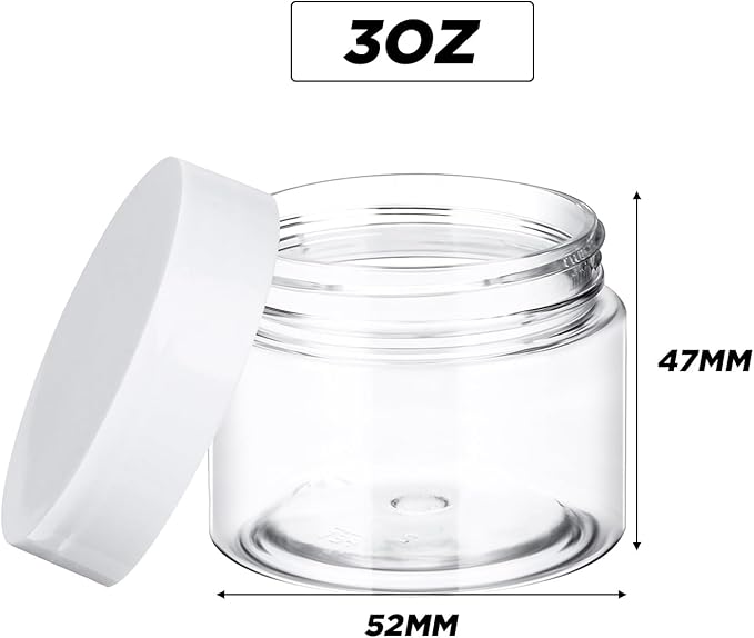SATINIOR 24 Pieces Empty Clear Plastic Jars with Lids Round Storage Containers Wide-Mouth for Beauty Product Cosmetic Cream Lotion Liquid Butter Craft and Food (White Lid,3 oz)