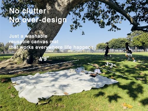 Kids Picnic Blanket, Kids Beach Mat – Medium 4’9” × 3’3” Compact Canvas, Easy to Fold & Carry - color: Creamy White + Baby Blue Strap, size: 4'9" x 3'3"