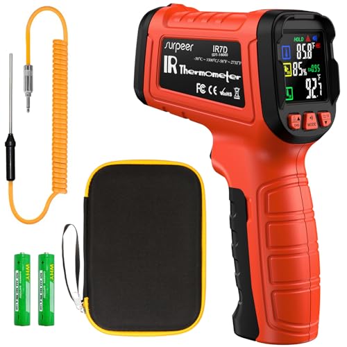 -58°F to 2732°F Infrared Thermometer Temperature Gun with Thermocouple Probe, 50:1 Laser Temperature Gun for Humidity Measurement, BBQ, AC, High Temp Gun for Engine, Kiln, Forging, Industrial Use