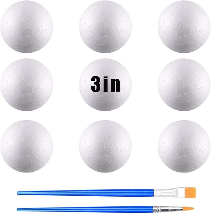 hesmartly 9 Pack 3 Inch Craft Foam Balls,White Polystyrene Smooth Round Balls and 2 Pieces Painting Brushes for DIY Projects Arts and Crafts Supplies