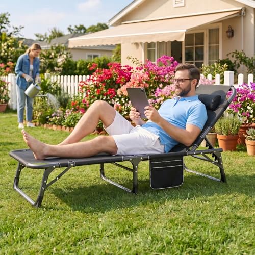 ABORON 3-in-1 Folding Patio Lounge Chair, 440LB Heavy-Duty Tri-Fold Guest Bed with Plush Cotton Cushion, No Assembly Adjustable Recliner for Office Nap, Patio Sunbathing, Poolside & Camping - color: Jet Obsidian
