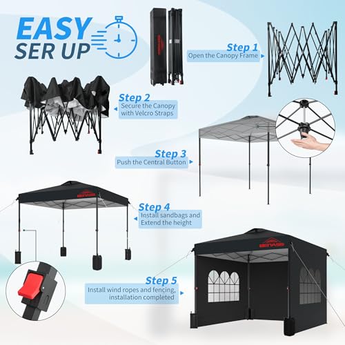 10x10 Pop Up Canopy with Sidewalls, Easy Up Canopy Tent, Heavy Duty Tents for Parties, One Person Set Up Event Tent, Black