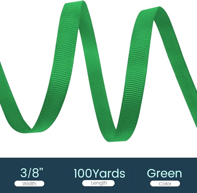 3/8" X 100 Yards Green Grosgrain Ribbon, Premium Grosgrain Ribbon for Sewing, Gift Wrapping, Bow Making, Wedding Decor, Wrapping and More (Green)