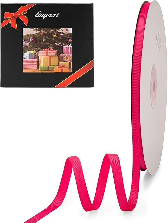 LIUYAXI 1/4" X 50 Yards Solid Hot Pink Grosgrain Ribbon, Perfect for Crafts, Wedding Decor, DIY Hair Accessories, Sewing, Gift Package Wrapping and More
