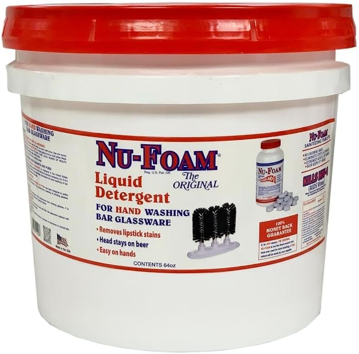Nu-Foam Liquid Detergent for Bar Glassware – Original Streak-Free Solution - Hand Washing Bar, Tavern, Brewery Supplies - Spotless Serving Glasses - Concentrated - Easy On Hands - 3.5 Gallon Pail