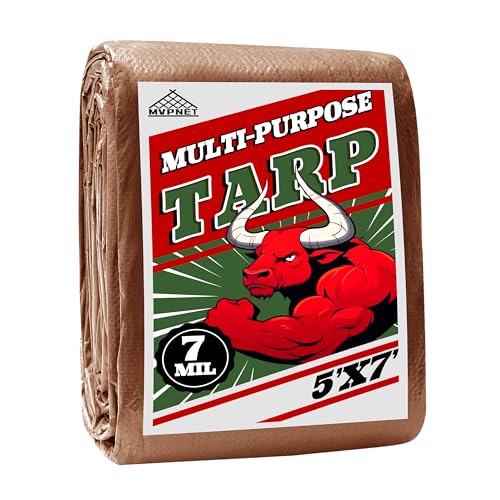 Tarp 5x7 ft 100% Waterproof 7mil Durable Grommets and Reinforced Edges,Uv Resistant,Green/Brown Tarp,Emergency Rain Shelter,Outdoor Cover and Camping Use -by MVPNET - size: 5x7