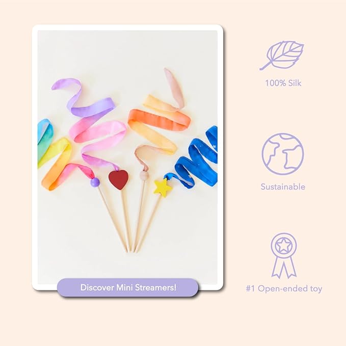 Sarah's Silks Mini Rainbow Streamer - Long Ribbon Wand for Kids, Pretend Play, Dance, Baton Stick Twirling, and Gymnastics Party Favors | 100% Silk and Wood Montessori and Waldorf Toys (1)