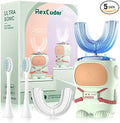 Ultrasonic Kid's U-Shaped Electric Toothbrush, IPX7 Waterproof, Five Cleaning Modes, 60S Smart Reminder (Cartoon Astronaut,Green Ages 6-12)