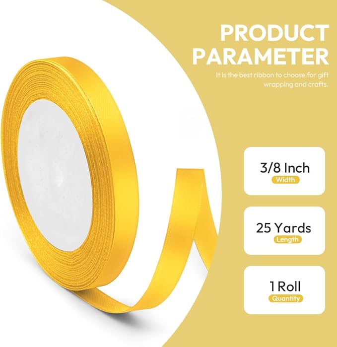 3/8" x 25 Yards Satin Ribbon, Yellow Silk Ribbon Ideal for Gift Wrapping, Floral Bouquets, Crafts, Wedding Party Decorations, Christmas and Sewing Projects