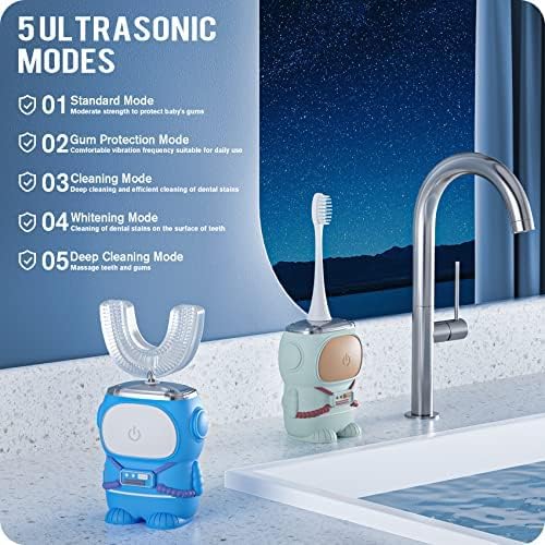 Ultrasonic Kid's U-Shaped Electric Toothbrush, IPX7 Waterproof, Five Cleaning Modes, 60S Smart Reminder (Cartoon Astronaut,Green Ages 6-12)