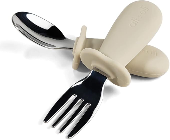 Ali+Oli Spoon & Fork Learning Set for Toddlers (Khaki) 6m+ Grab Easy BPA Free Food-Grade Silicone Handle, Kids Silverware Self Feeding Baby Utensils, Multi-stage Baby Feeding Set Ergonomic Design