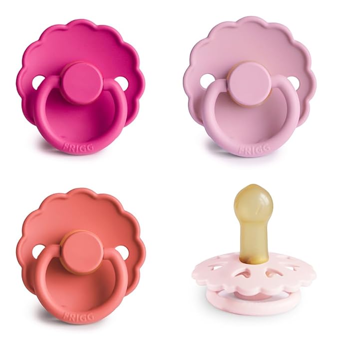 FRIGG Natural Rubber Baby Pacifier 4-Pack Rosy Romance | Made in Denmark | BPA-Free (6-18 Months)