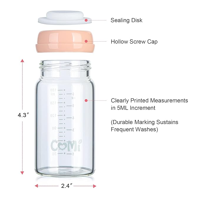 COMI Wide Neck Glass Breastmilk Collection n Storage Bottle, 6oz with Screw Ring Sealing Disk; Re-markable Sealing Disc. BPA Free, Fits Breast Pumps & Nipples (2 Pack Pink Lids)