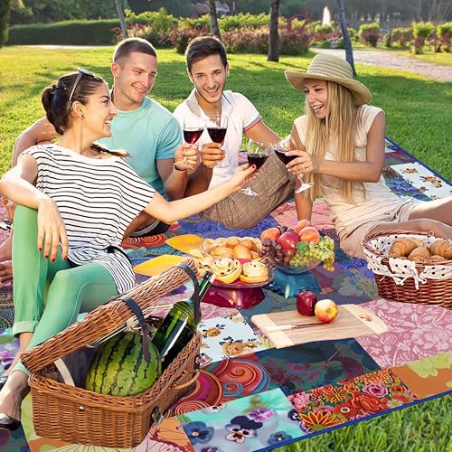 Supfitness Extra Large Picnic Blankets Waterproof Foldable (60"x 80") Beach Blanket Waterproof Sandproof,3-Layer Thicking Mat Outdoor Packable Camping Blanket - color: Flower-4, size: 5' x 6'8" (Rectangular)