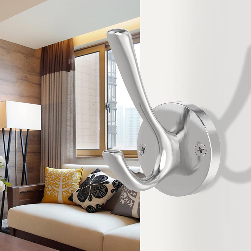 Brushed Nickel Wall Hooks, 4 Pack Heavy Duty Coat Towel Hook Metal Double Hook Wall Mounted Hanging, Bath Towel Hooks for Entryway Cubicle Bathroom Closet Garage