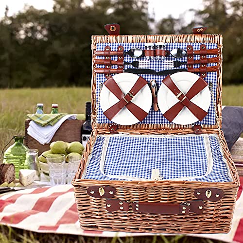 4 Person Picnic Basket, 19 Set Vintage Wicker Basket Picnic Ware Set for 4 Willow Hamper Ware Set