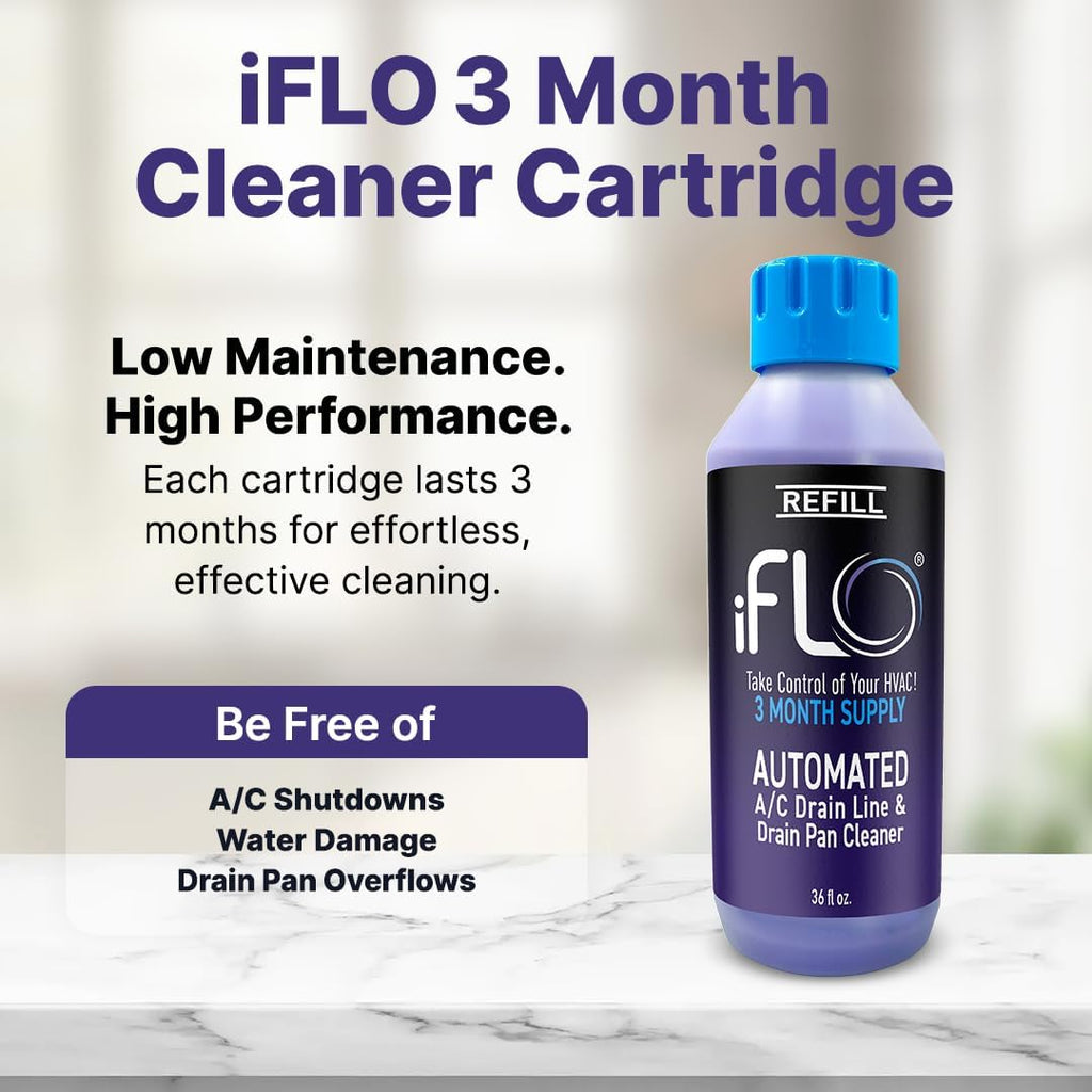 iFLO® Smart A/C Drain Line Cleaner and Drain Pan Cleaner Cartridge, Fast-Acting, Long-Lasting HVAC System Solution for Tough Clogs & Buildup, 3-Month Supply per Bottle, 2 Pack of 36oz