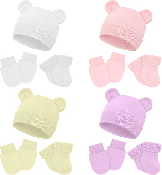 Cuffbow 4 Pcs Preemie Hats Mittens and Socks Set Preemie Mittens Warm Terry Socks for Baby