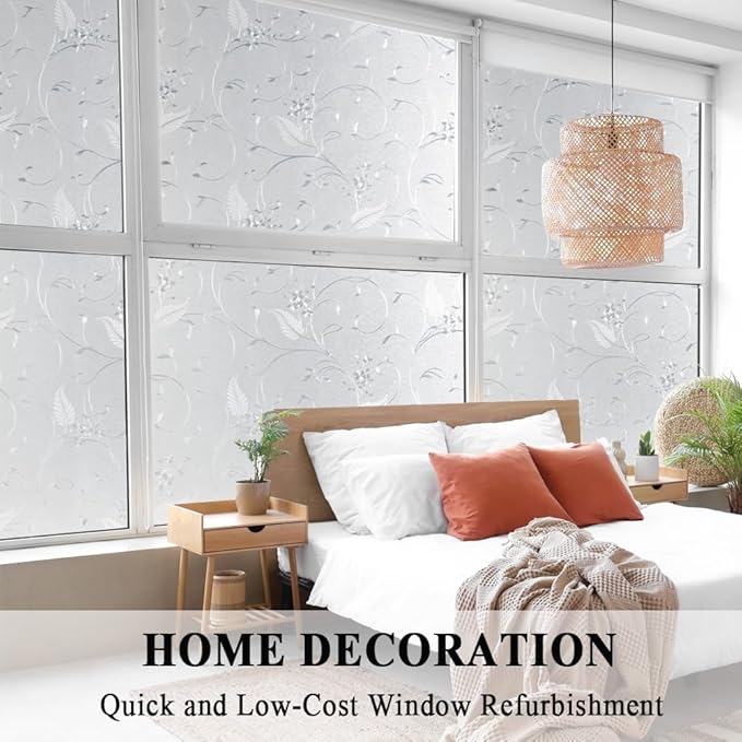 Mikomer Privacy Window Film Etched Flowers Static Cling Glass Door Film, Non Adhesive Heat Control Anti UV Window Cling for Office and Home Decoration,17.5 inches by 118 inches