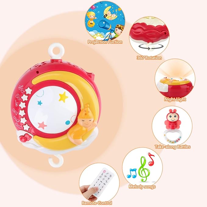 Mini Tudou Baby Musical Mobile Crib Toys with Projector and Light, Timing Function, Remote Control Baby Cot Mobile with Take Along Music Box and Rattles, Present for Newborn Babies Boys Girls
