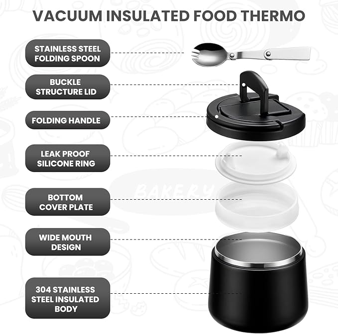 Soup Thermo for Hot Food 14oz Lunch Containers with Buckle Lid Wide Mouth Hot Food Jar Vacuum Insulated Stainless Steel Bento Box Leakproof with Spoon(Black)