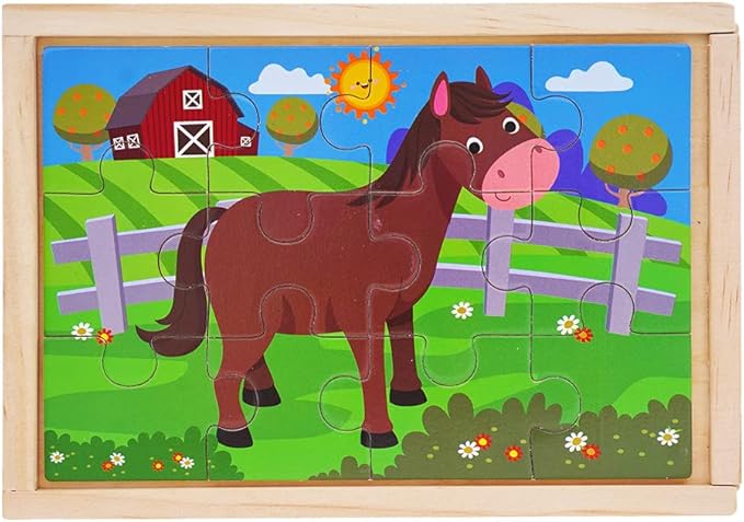 OLYDAUS Wooden Jigsaw Puzzles - Farm and Wild Animals - Set of 8 Puzzles - Preschool Kids and Toddlers Age 3 4 5