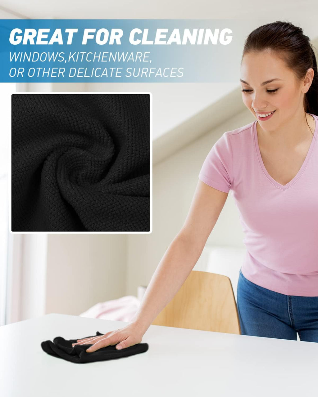Microfiber Cleaning Cloth-24Pcs (13x13 inch) Ultra Soft Highly Absorbent Rags for Housekeeping-Machine Wash (Black)