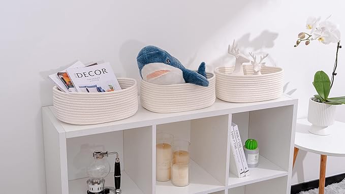 Baskets&Bins for Shelf Storage Organizing/Cute Basket to Store and Organize Household Items/Woven Rope Basket for Living Room, Bedroom,Playroom,3 Packs Off White