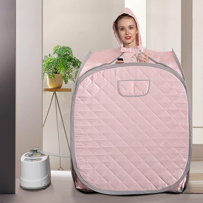 Smartmak Portable Sauna Kit, one Person Full Body at Home Spa Hat Tent, Include 2L Steamer with Remote Control for Detox US Plug- Pink