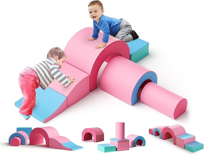 Lischwert Foam Climbing Blocks, Soft Climbing Toys for Toddlers, 5 Pieces Crawl and Climb Foam Playset with Foldable Block and Tunnel, Indoor Climber Activity Play Set for Kids Age 1+(Pink Blue)