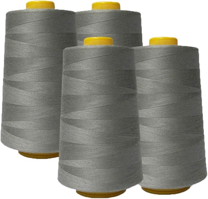 AK Trading 4-Pack Light Gray All Purpose Sewing Thread Cones (6000 Yards Each) of High Tensile Polyester Thread Spools for Sewing, Quilting, Serger Machines, Overlock, Merrow & Hand Embroidery