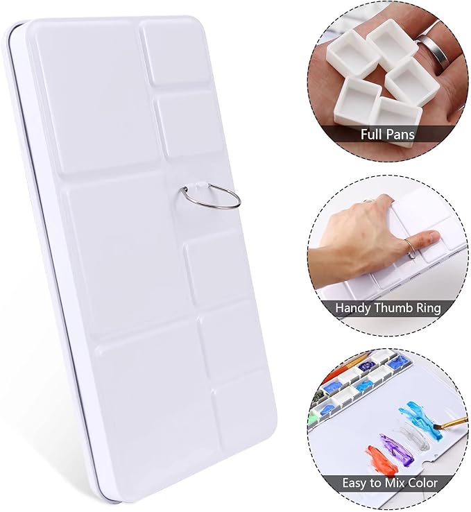 LOONENG Empty Watercolor Palette, Empty Watercolor Tin with Fold Out Palette, Large Colorful Watercolor Tray Palette with 52 Empty Half Pans for Plein Air Painting and Sketching