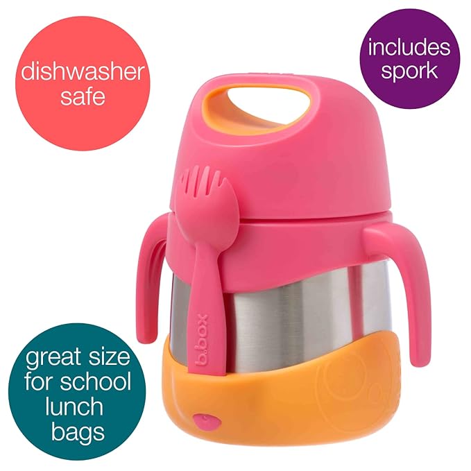 b.box Insulated Food Jar with Spork for Toddlers | Easy Open Container for Toddlers | Stainless Steel, 5hrs + of Perfect temperatures | Dishwasher Safe, BPA Free (Strawberry Shake, 11 oz)