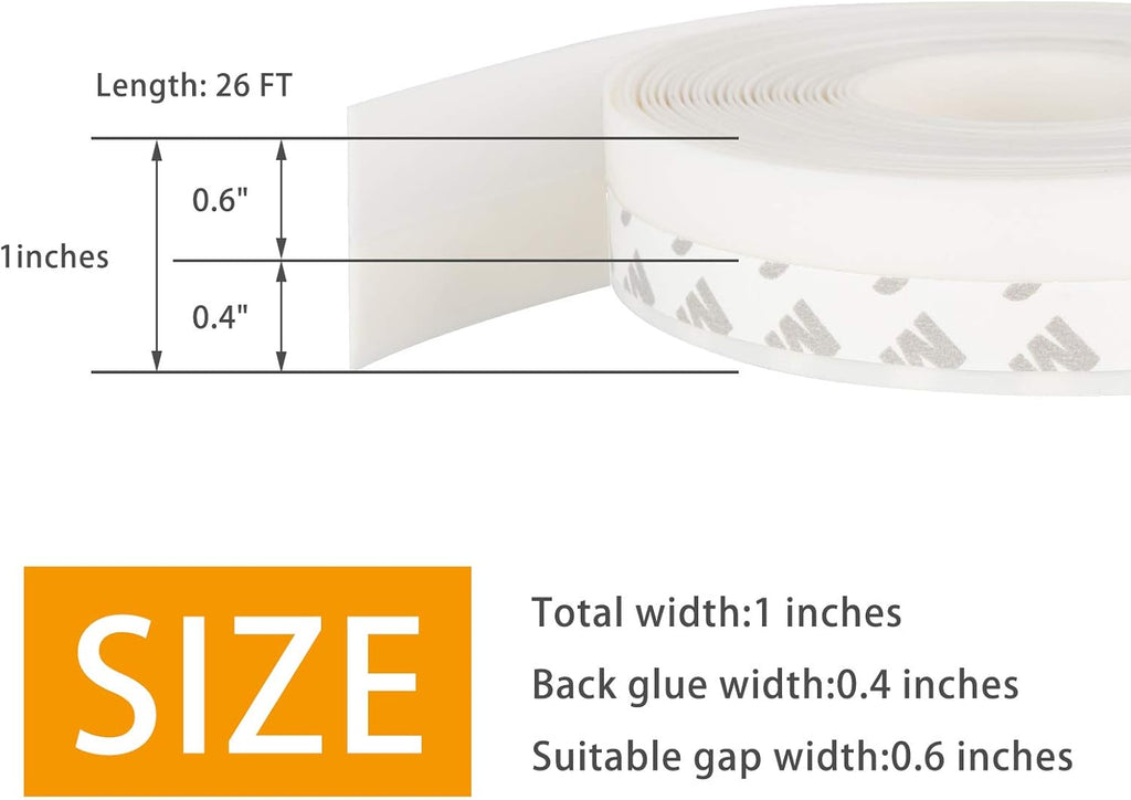 Door Weather Stripping Doors Seal Strip, 26 FT Silicone Sealing Tape for Door Draft Stopper Adhesive for Doors, Windows and Shower Glass Gaps(White, 25mm)