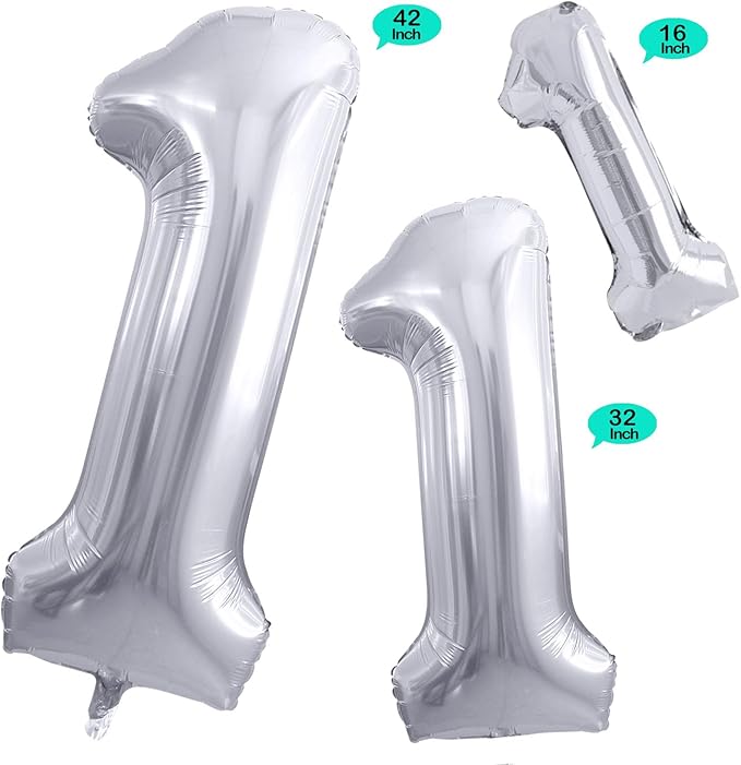 GOER Silver Number 1 Foil Balloons,Huge Number Balloons for 1st 11st Birthday Party Supplies Anniversary Decorations(3 pcs,42 inch,32 inc,16inch)